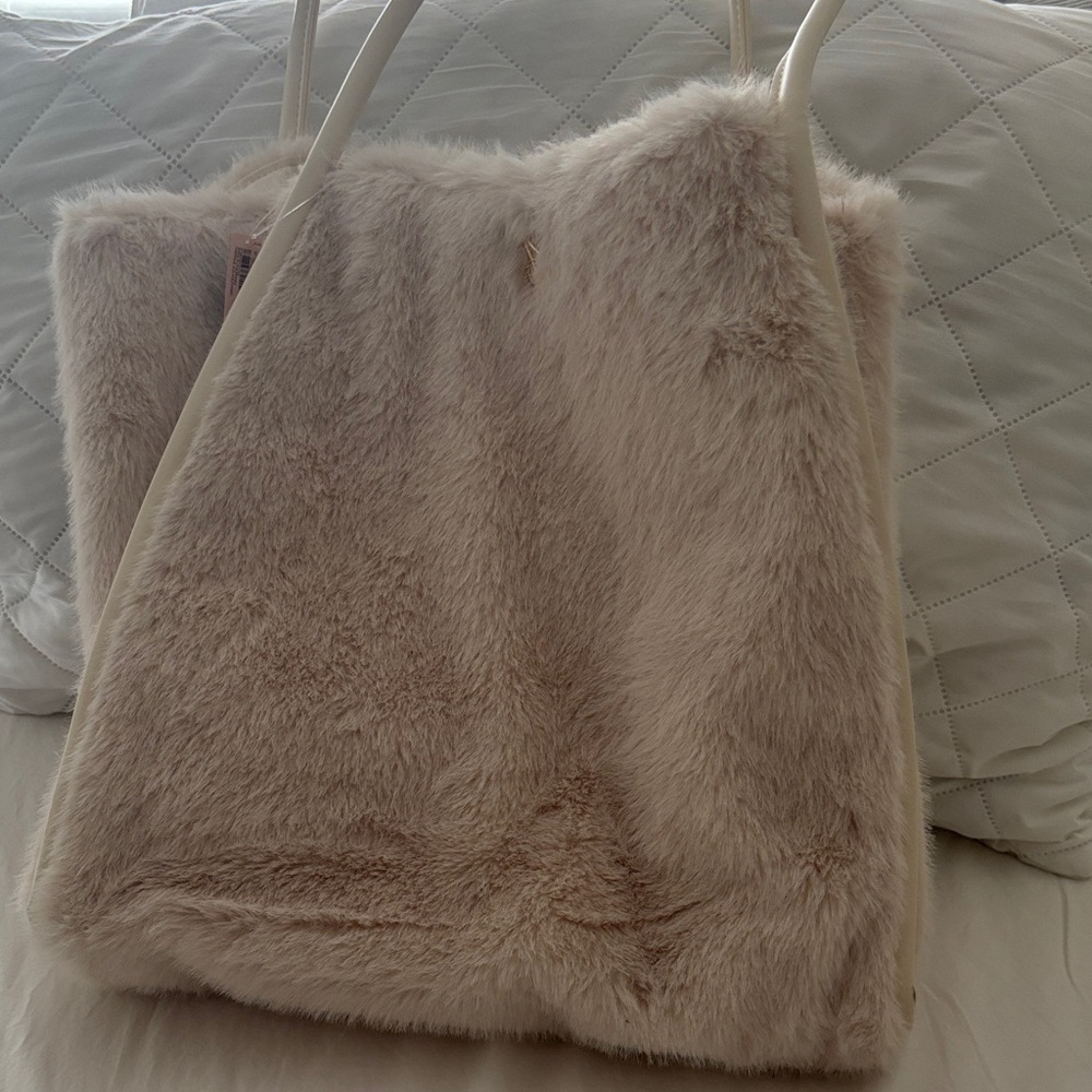 Faux Fur Tote Bag in Light Beige - Women's Shoulder Bag